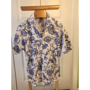 Tommy Hilfiger Linen Blend Short Sleeve V Neck Blue White Floral Print Size M